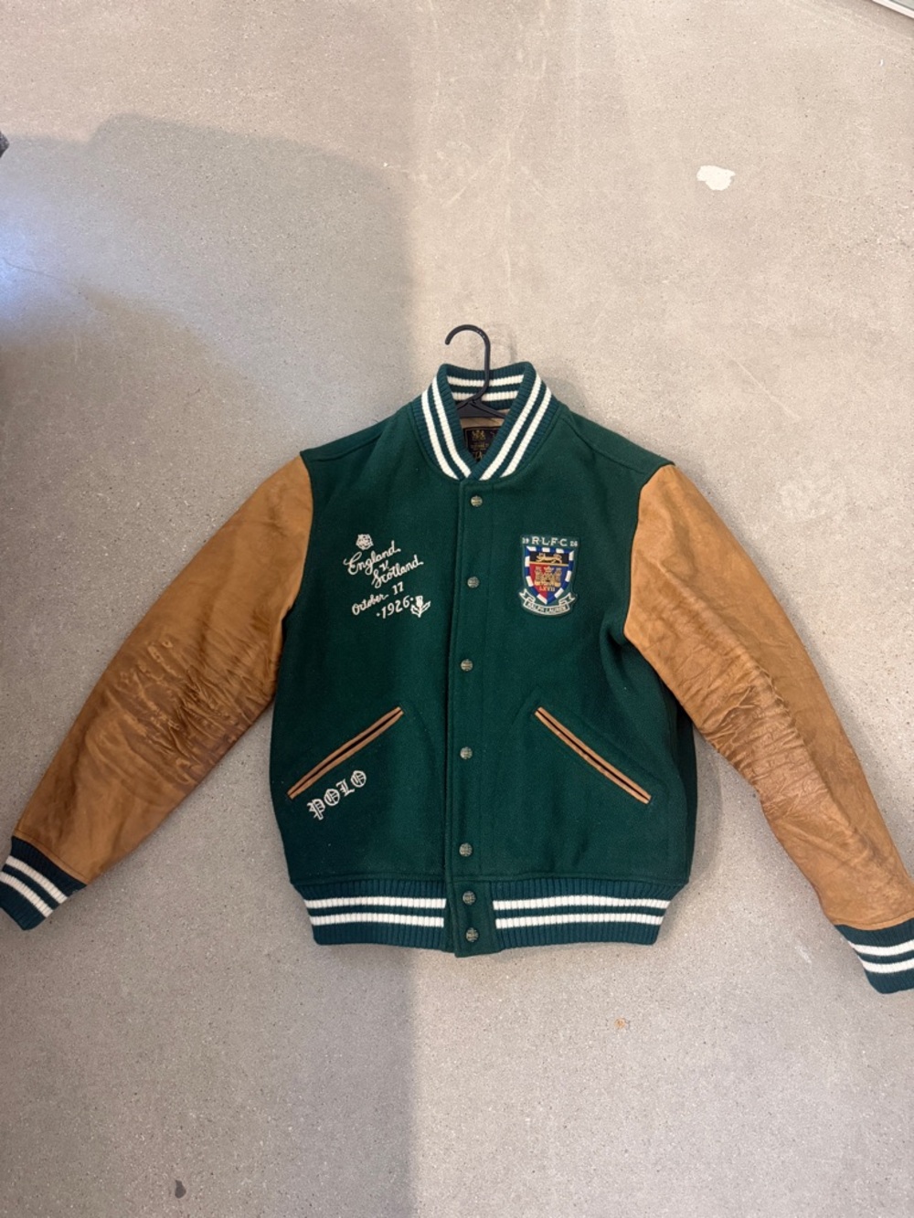 Polo by Ralph Lauren Green Wool Varsity Jacket with Brown Leather Sleeves